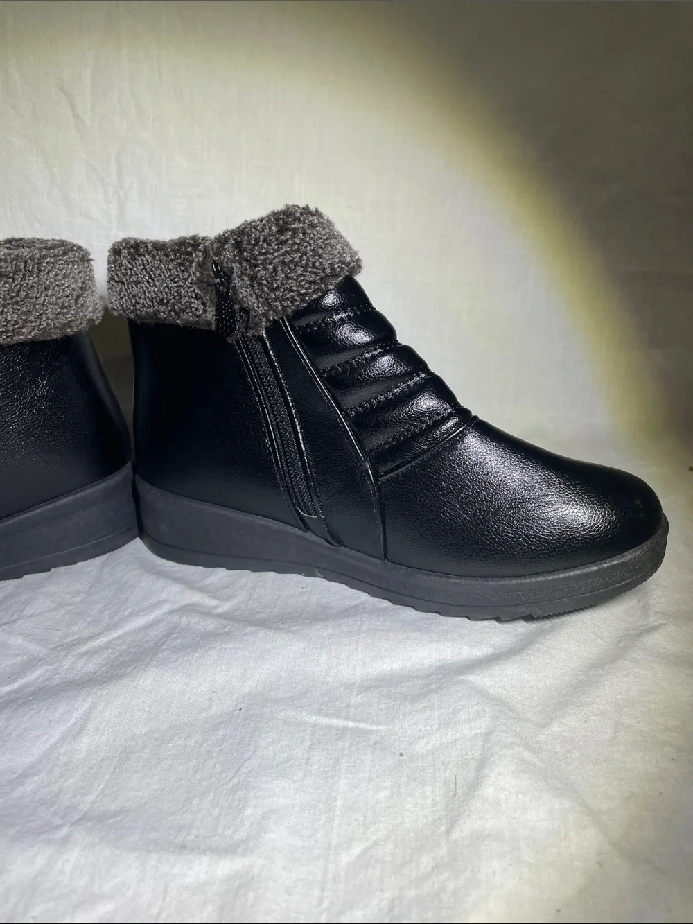 Black Faux-Leather Winter Ankle Boots with Gray Faux-Fur Cuff US women’s 4.5